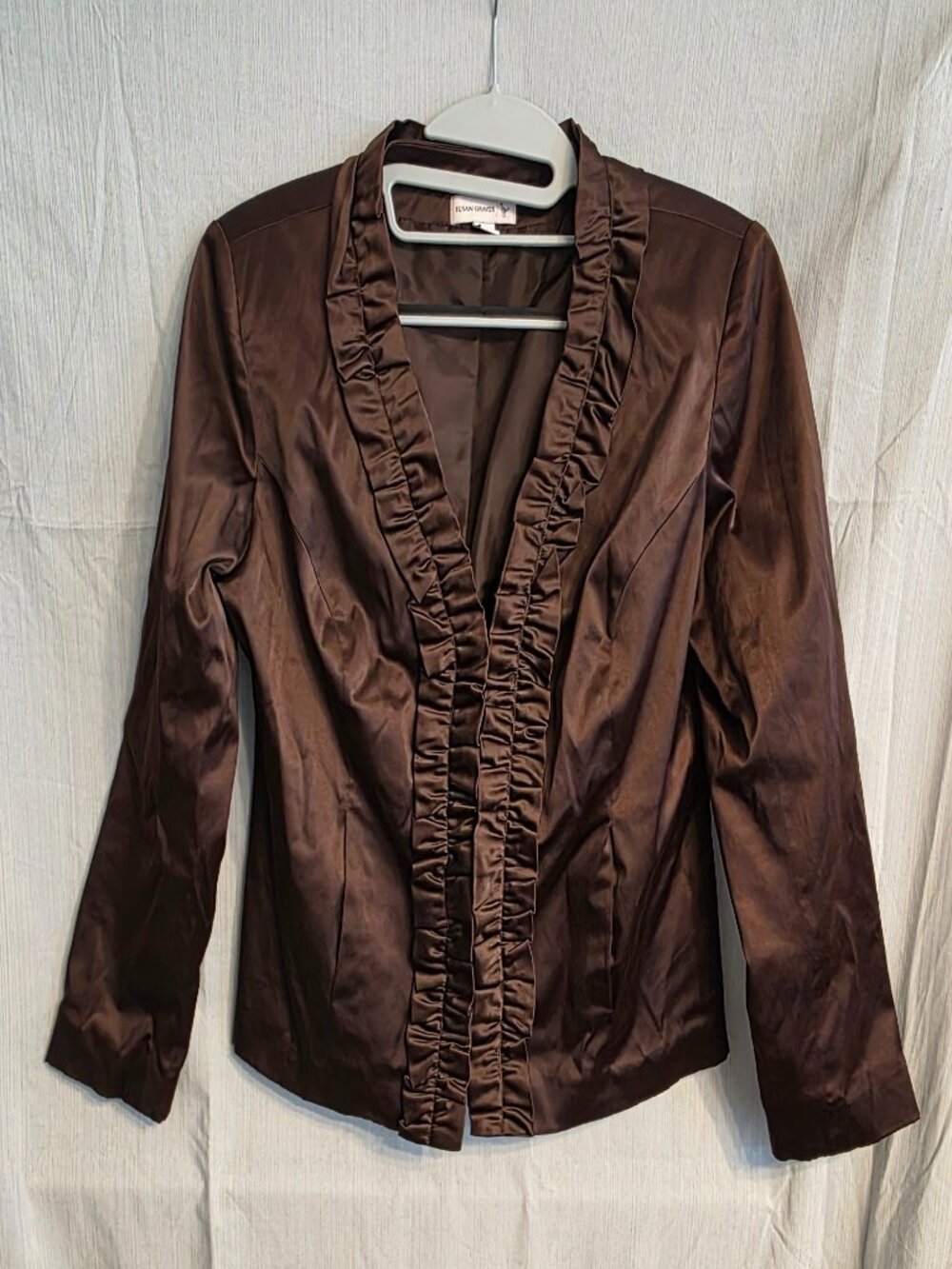 Susan Graver Rich Brown Satin Fully Lined Ruffle Placket Jacket Blazer Sz S